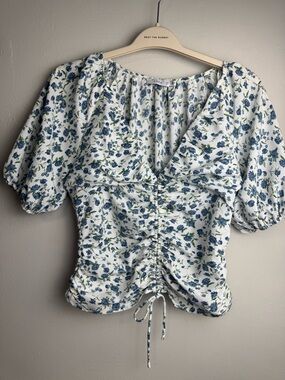 Lush White Floral Ruched Puff Sleeve Blouse